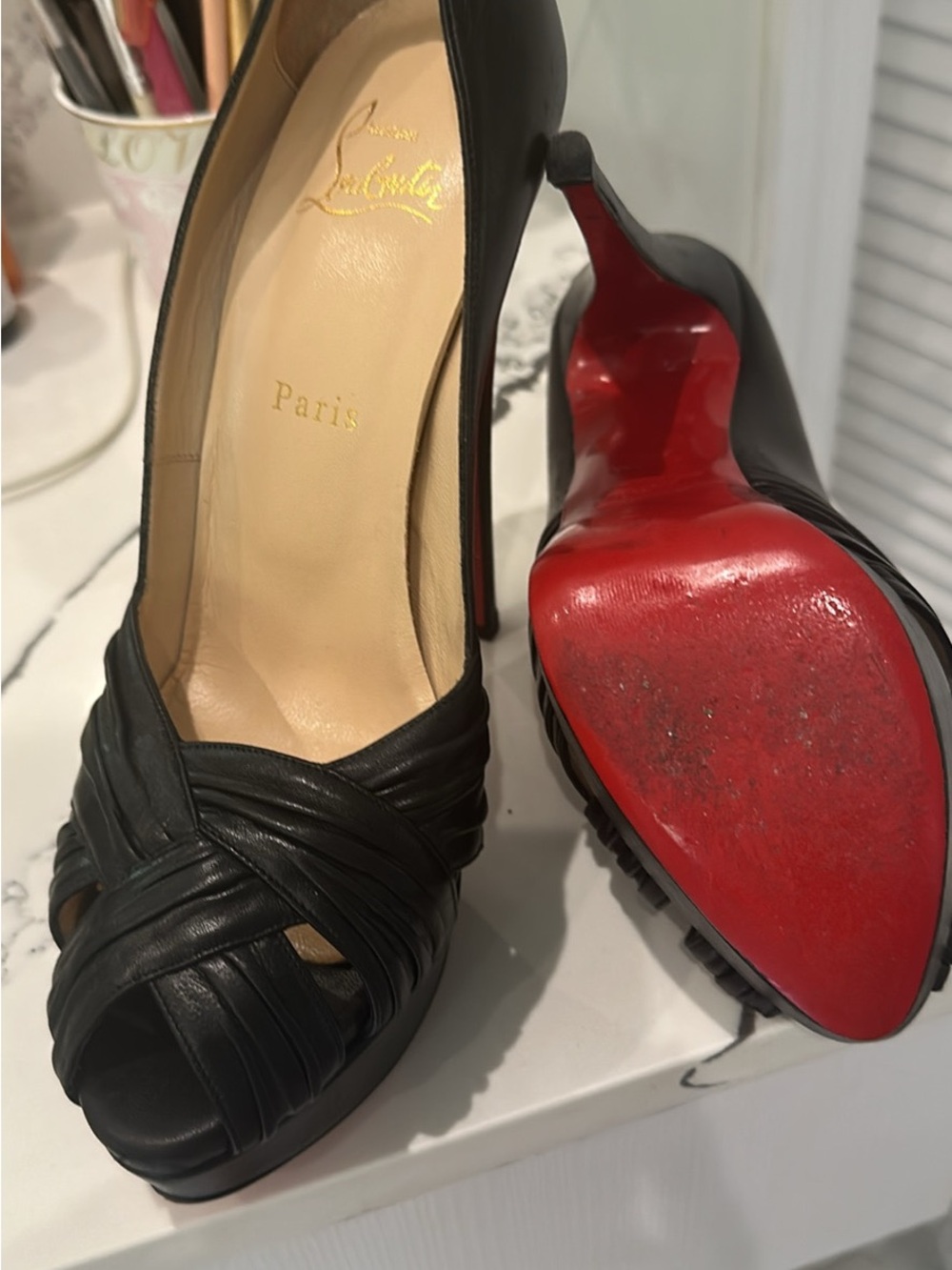 Christian Louboutin Black Leather Open-Toe Crisscross Pumps size 40.5
